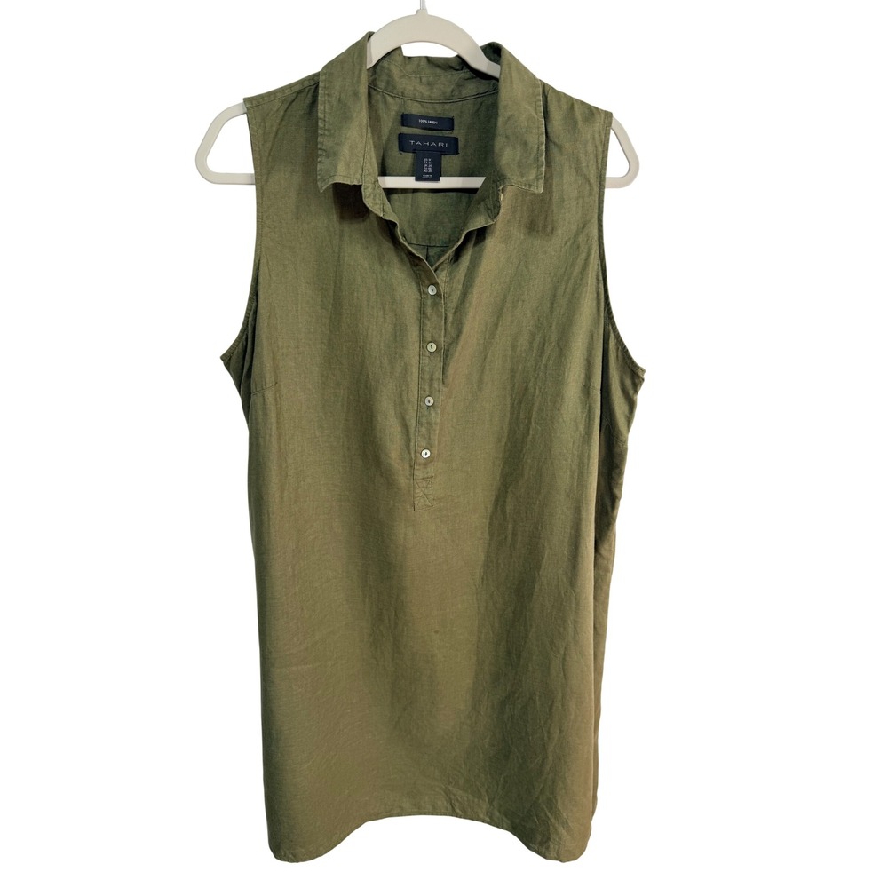 Tahari Shirt Dress Sleeveless 100% Linen Women's 1X Olive Green Summer Boho